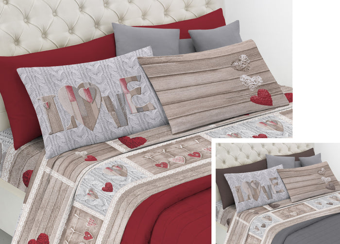 Completo Lenzuola Linea Pensieri Delicati 100% Cotone Disegno Shabby Love - Singolo - Rosso