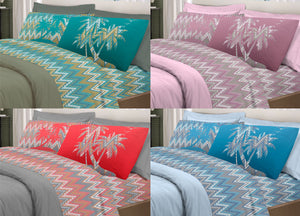 Completo Lenzuola Letto Pensieri Delicati 100% Cotone Dis. Palme Spinato - Piazza E Mezza - Azzurro