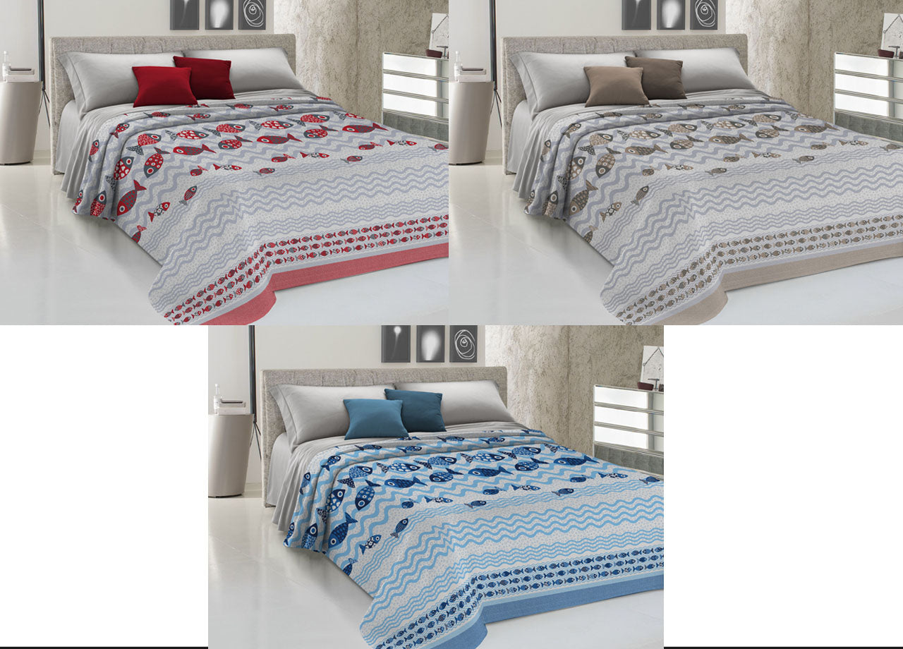 Copriletto Piquet Primavera Estate 100% Cotone Disegno Pesciolini - Matrimoniale - Blu