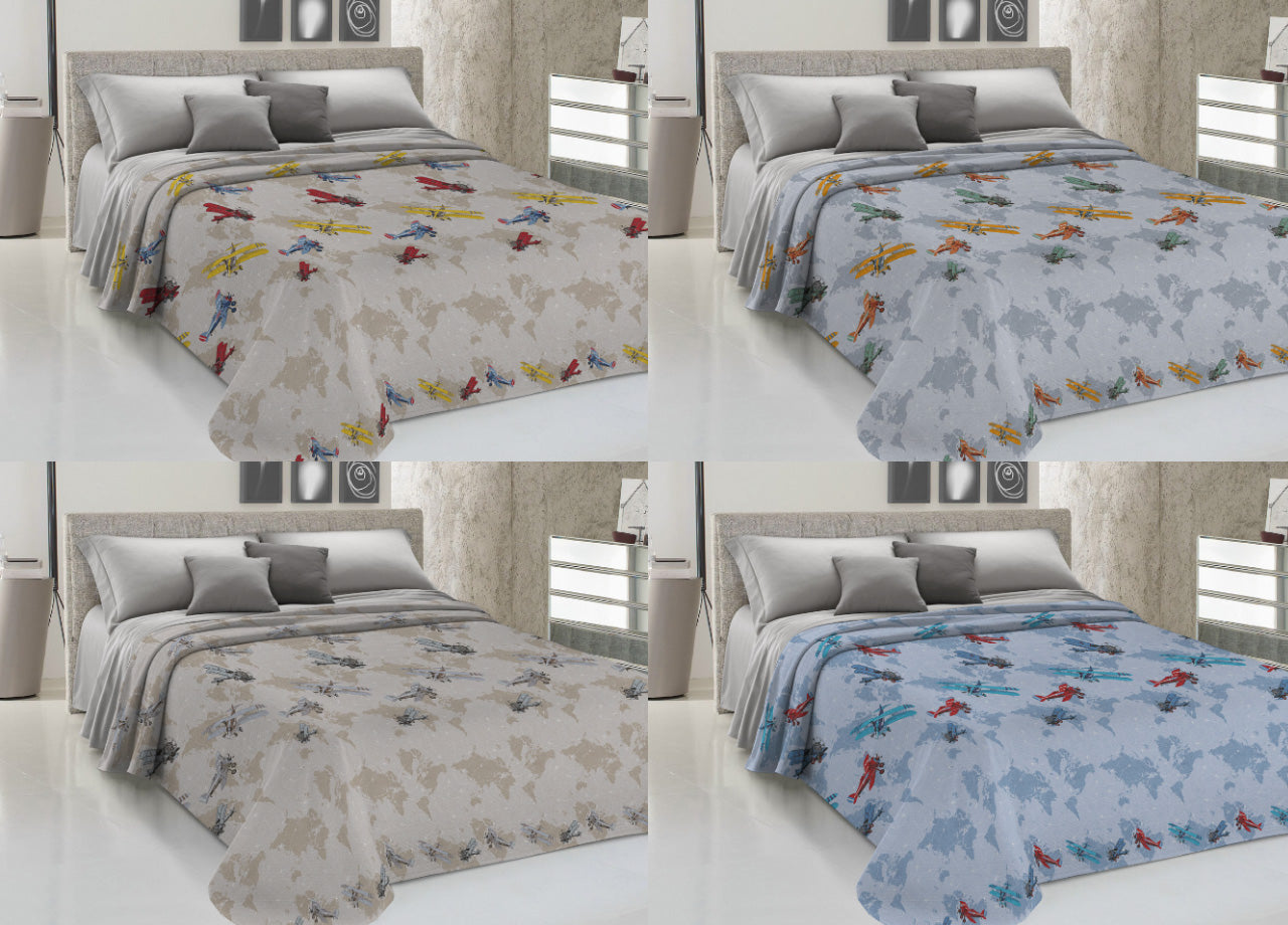 Copriletto Piquet Primavera Estate 100% Cotone Disegno Aerei - 1 Piazza e Mezza - Grigio