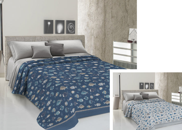 Copriletto Piquet Primavera Estate 100% Cotone Disegno Oceano - 1 Piazza e Mezza - Blu
