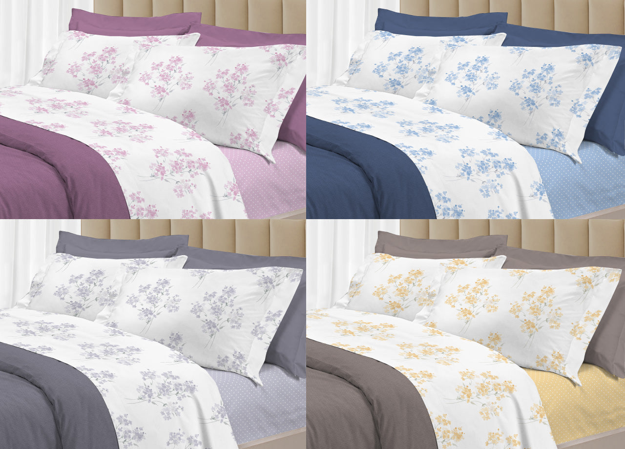 Completo Lenzuola Letto 100% Cotone Made Italy 3027 Disegno Primavera - Piazza E Mezza - Rosa
