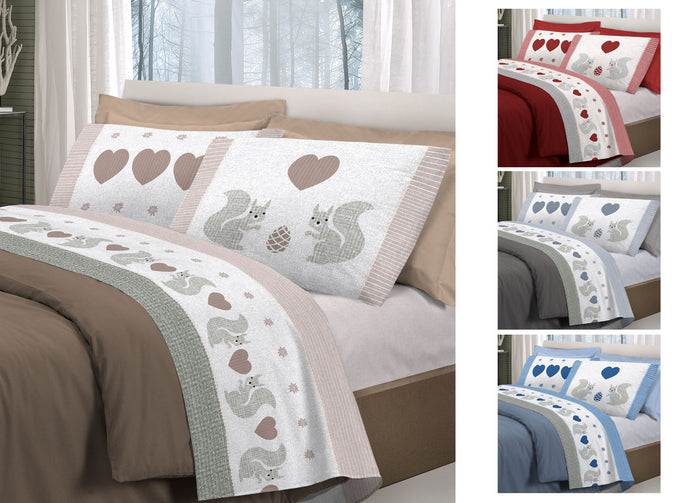 Completo Lenzuola Linea Pensieri Delicati 100% Cotone Disegno Scoiattolo - Piazza E Mezza - Grigio
