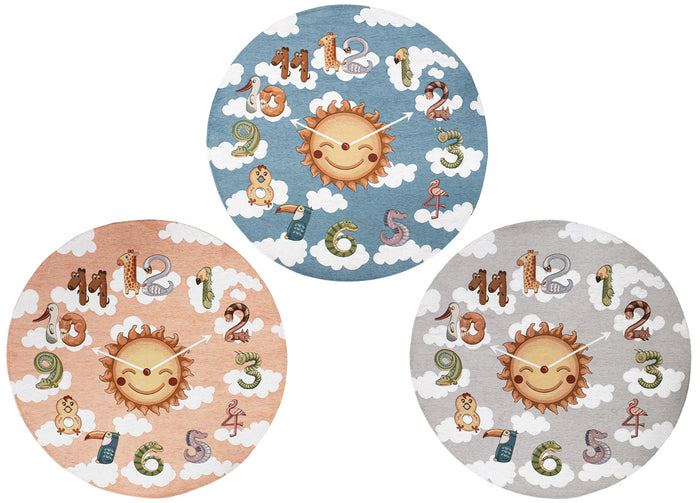 Tappeto Arredo e Gioco Antiscivolo Per Cameretta Bambini Disegno Orologio - Rotondo 100 - Grigio Perla