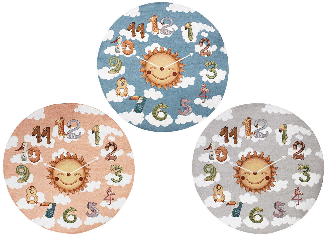 Tappeto Arredo e Gioco Antiscivolo Per Cameretta Bambini Disegno Orologio - Rotondo 140 - Grigio Perla