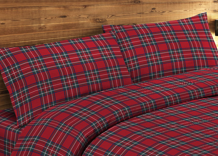 Coppia Federe Letto In 100% Cotone Dis. Scozzese Kilt GI Bottoni Laterali