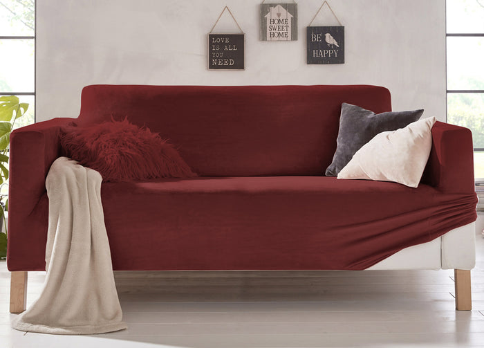 Copridivano Elasticizzato Effetto Velluto Modello Morbidissimo Colore Granata - 2 Posti - Granata