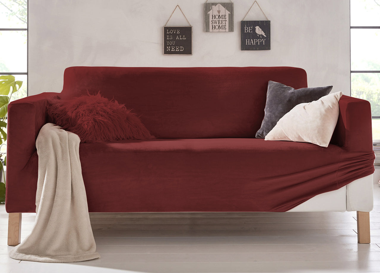 Copridivano Elasticizzato Effetto Velluto Modello Morbidissimo Colore Granata - 3 Posti - Granata