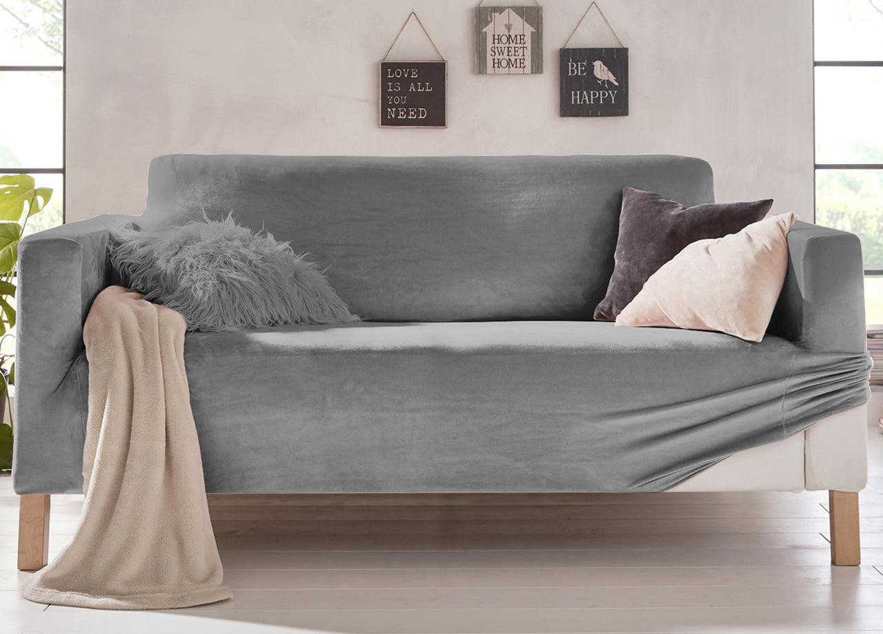 Copridivano Elasticizzato Effetto Velluto Modello Morbidissimo Colore Grigio - 2 Posti - Grigio