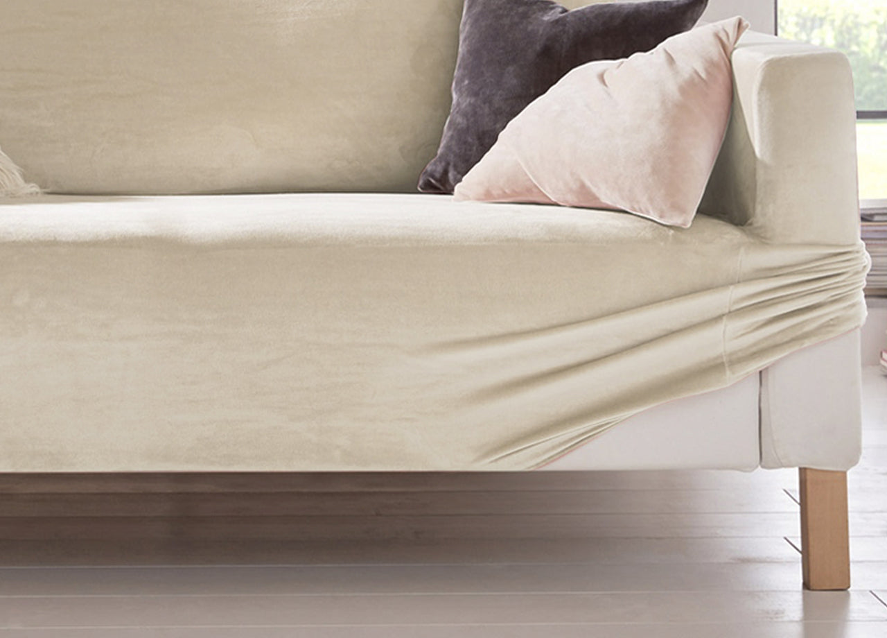 Copridivano Elasticizzato Effetto Velluto Modello Morbidissimo Colore Panna - 4 Posti - Panna
