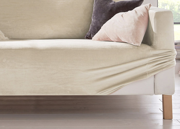 Copridivano Elasticizzato Effetto Velluto Modello Morbidissimo Colore Panna - 4 Posti - Panna