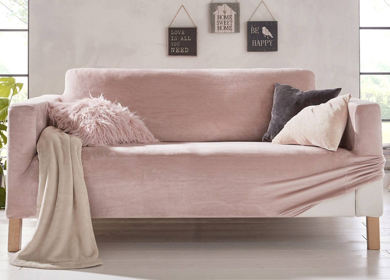 Copridivano Elasticizzato Effetto Velluto Modello Morbidissimo Colore Cipria - 3 Posti - Cipria