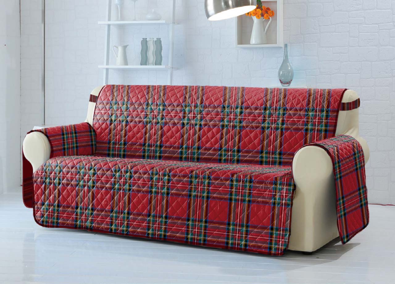 Copridivano Trapuntato Antimacchia Imbottito Scozzese Rosso Modello Perth - 2 Posti - Perth