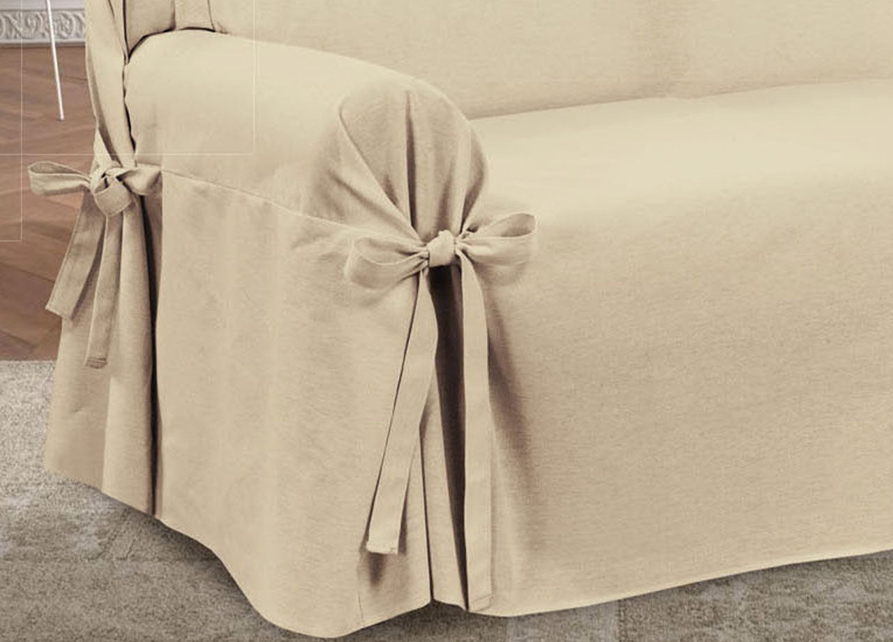 Copridivano Fodera Telo Protezione Divano Con Laccetti Fiocco Disegno Prezioso - 3 Posti - Beige
