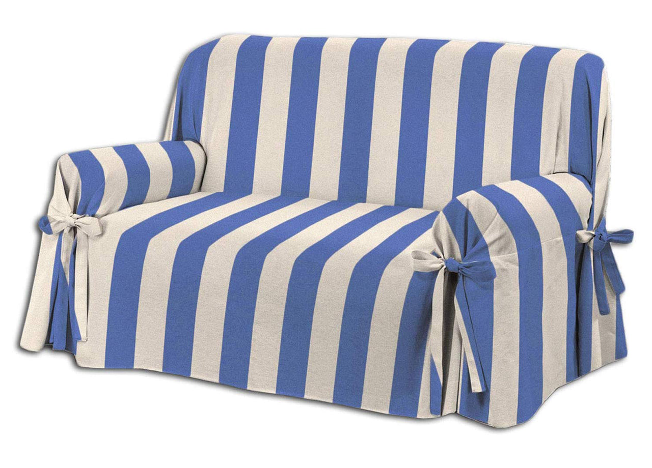 Copridivano Fodera Telo Protezione Divano Con Laccetti Fiocco Dis Riga Larga Blu - 3 Posti - Blu