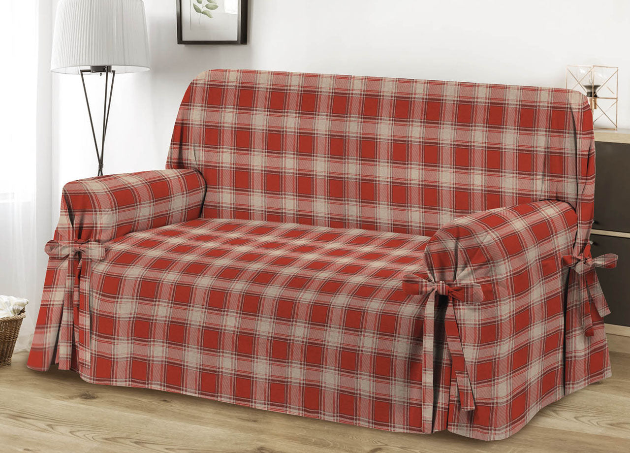 Copridivano Con Laccetti Disegno Scozzese Colore Rosso Modello O.B. - 2 Posti - Rosso