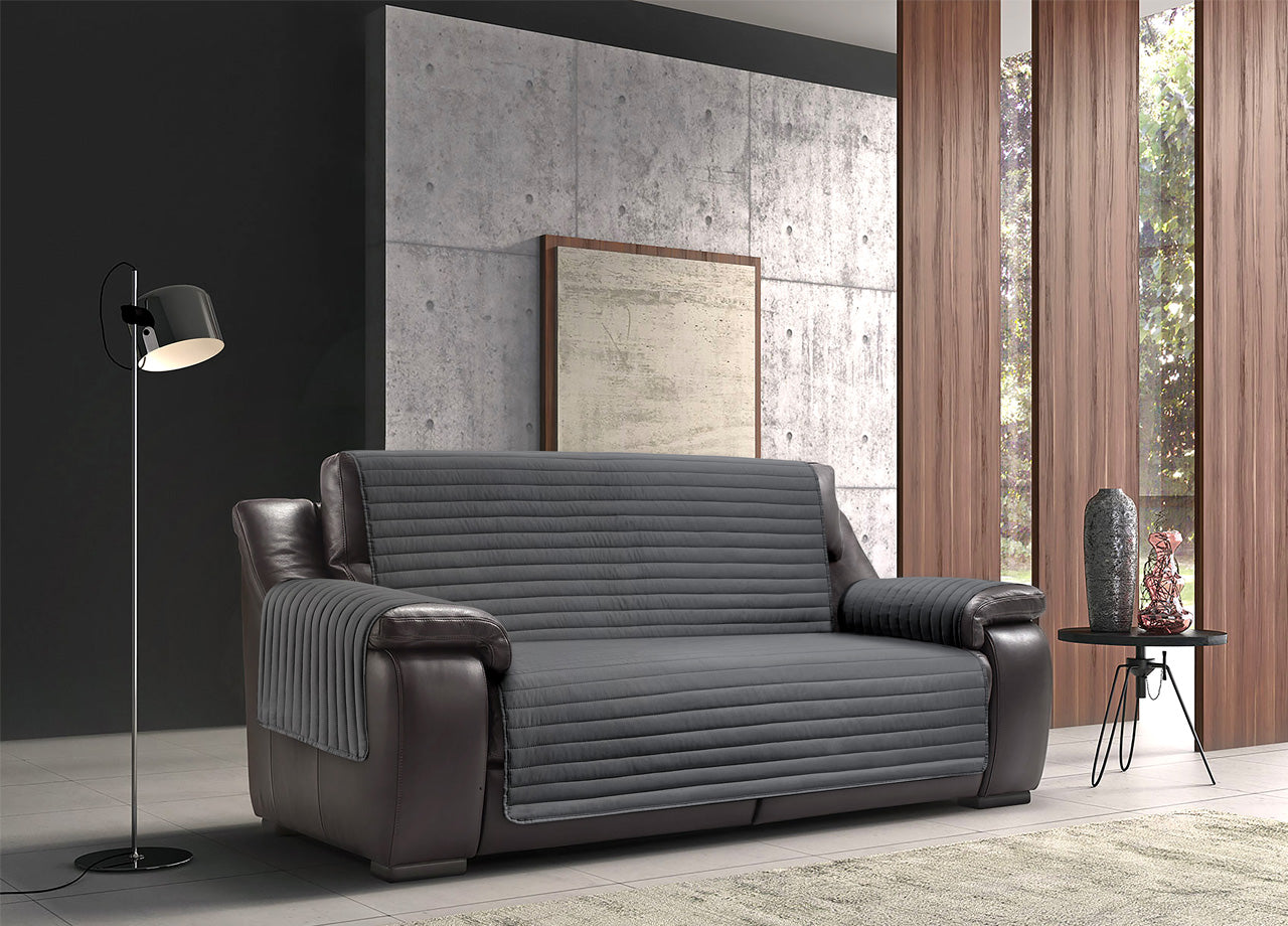 Copridivano/poltrona Imbottito Trapuntato Antimacchia Sofà Cover Impermeabile - 3 Posti - Grigio-Grigio