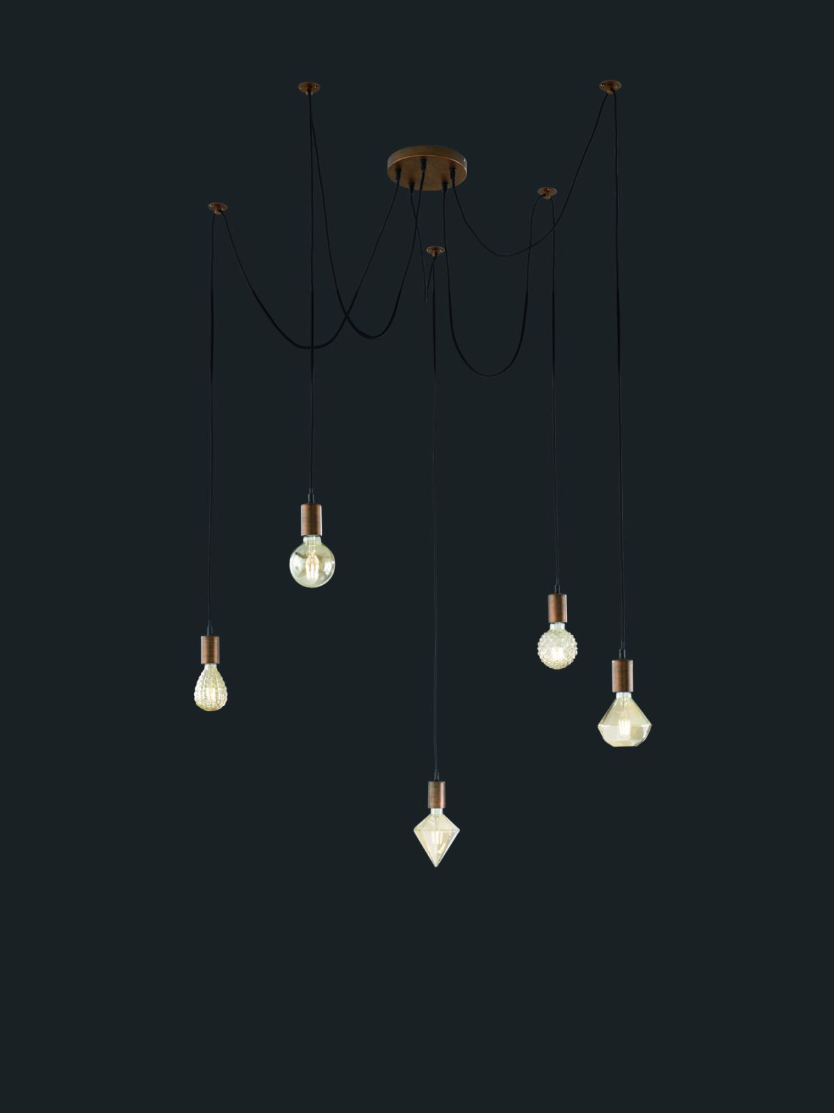 CORD SOSPENSIONE RAGNO FILI REGOLABILI RAME ANTICO MAX H. 200 PER SINGOLO CAVO  5 LUCI ATTACCO E27