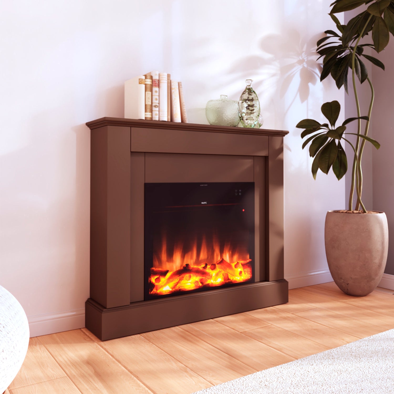 Cornice in legno MDF marrone per caminetto compatibile con inserto elettrico Vulcano da 60 cm di facile montaggio Prodotto in Europa MPC Camillo