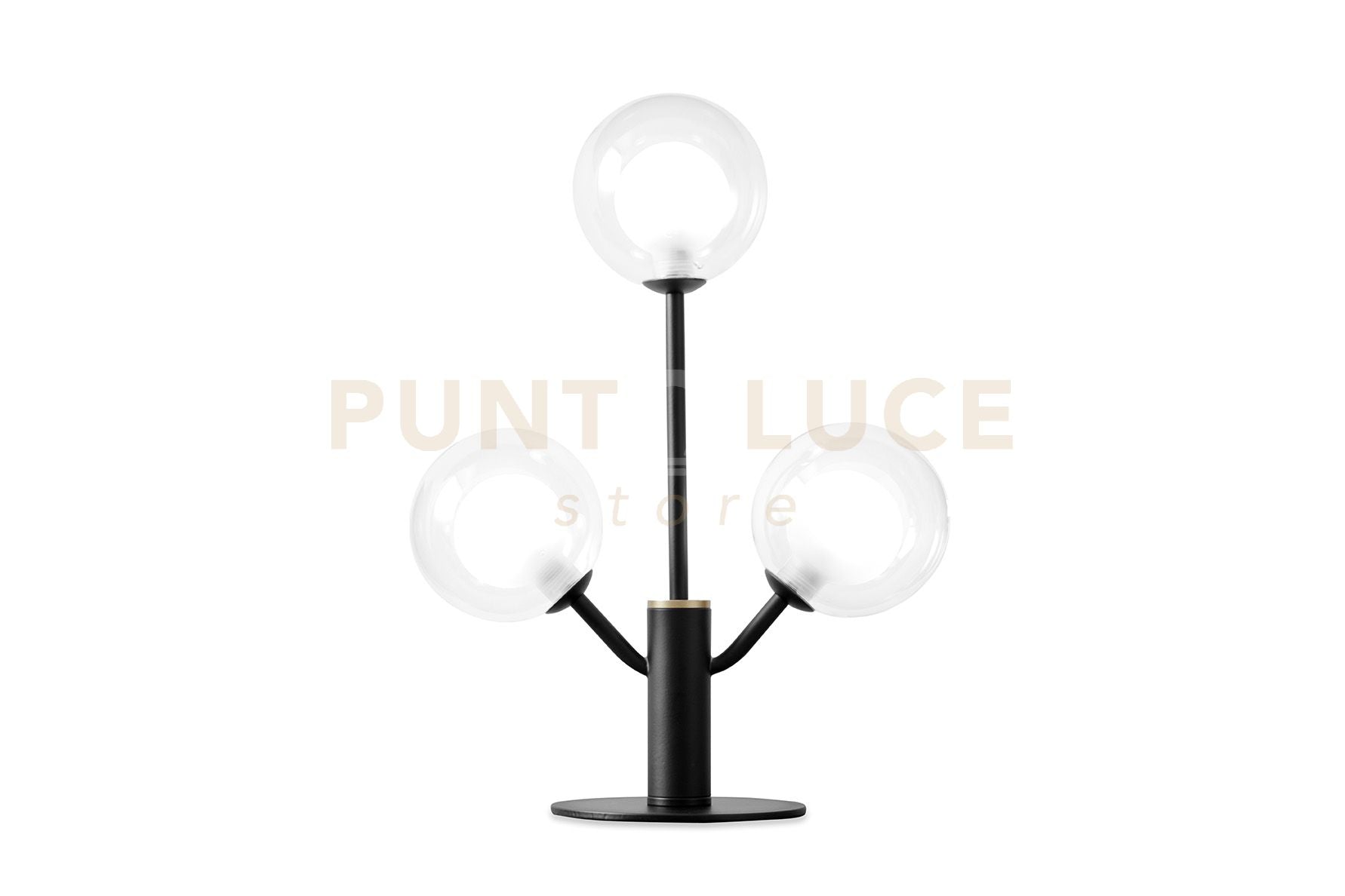 COSMO TAVOLO 3 LUCI VETRO TRASPARENTE STRUTTURA NERA PARTICOLARI ORO ATTACCO G9