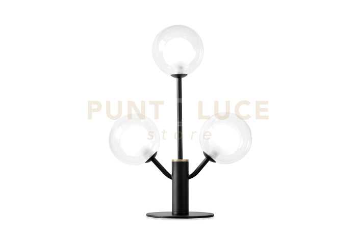 COSMO TAVOLO 3 LUCI VETRO TRASPARENTE STRUTTURA NERA PARTICOLARI ORO ATTACCO G9