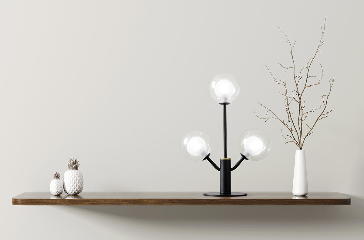 COSMO TAVOLO 3 LUCI VETRO TRASPARENTE STRUTTURA NERA PARTICOLARI ORO ATTACCO G9