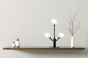 COSMO TAVOLO 3 LUCI VETRO TRASPARENTE STRUTTURA NERA PARTICOLARI ORO ATTACCO G9