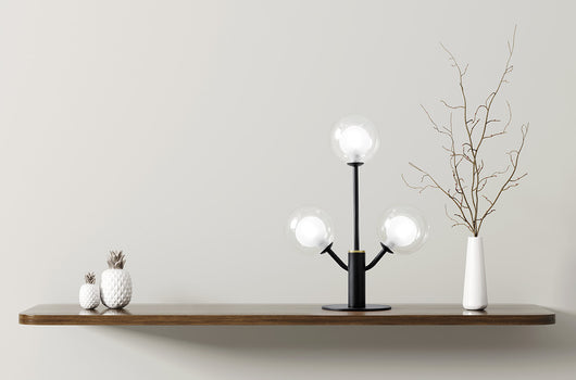 COSMO TAVOLO 3 LUCI VETRO TRASPARENTE STRUTTURA NERA PARTICOLARI ORO ATTACCO G9