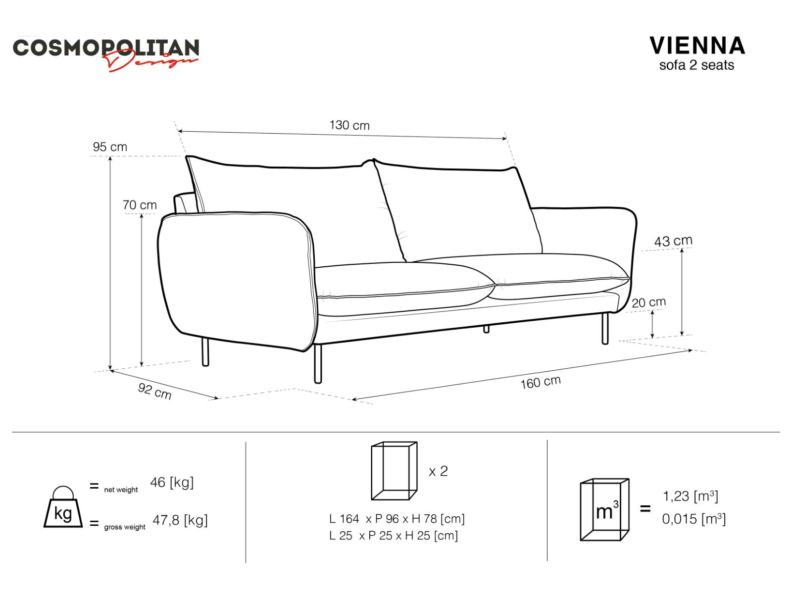 Cosmopolitan Design - Divano "Vienna" 2 posti in tessuto strutturato beige chiaro 