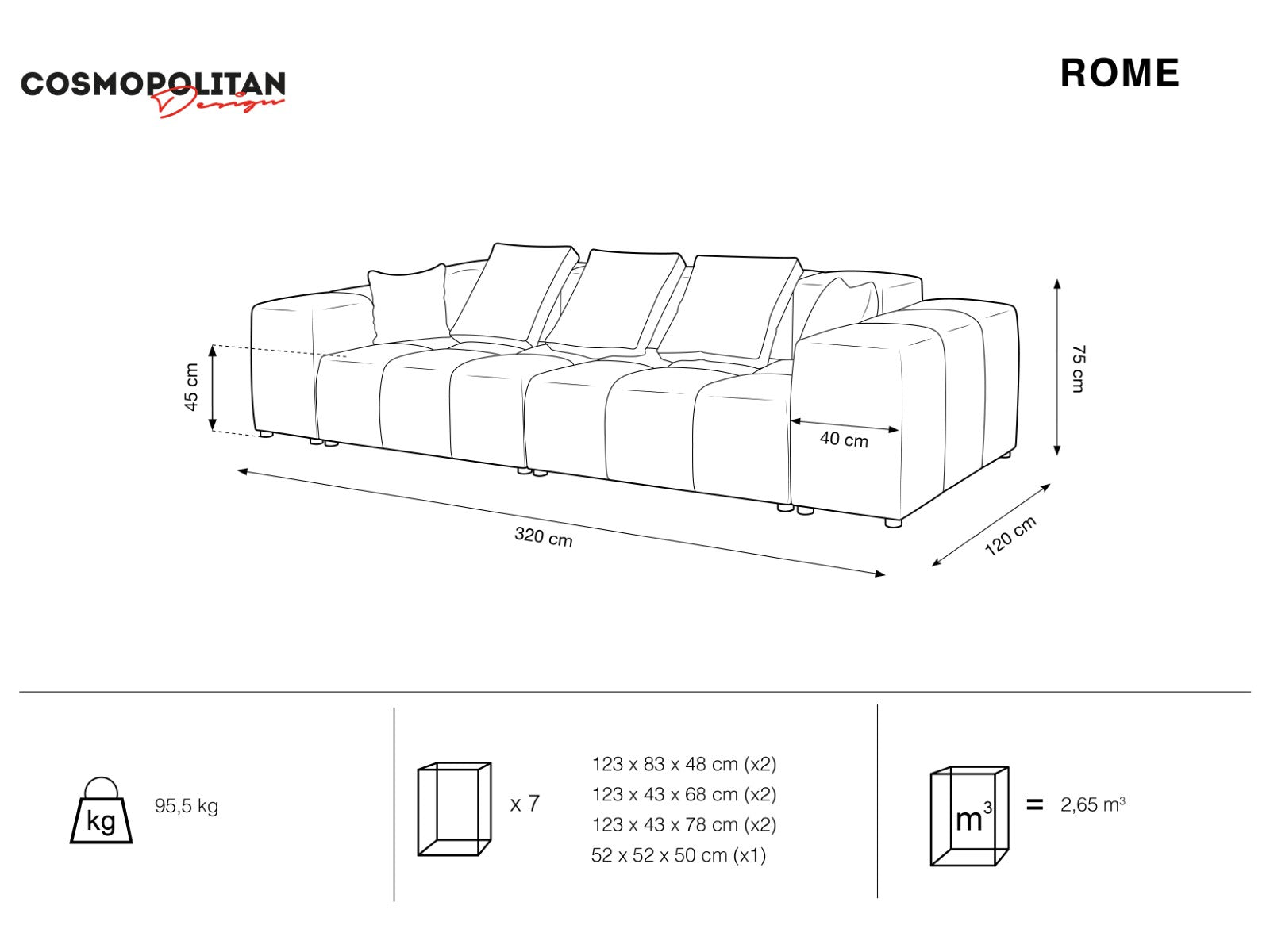 Cosmopolitan Design - Divano modulare "Rome" 3 posti in velluto grigio 