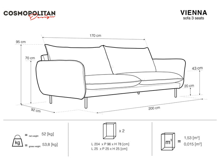 Cosmopolitan Design - Divano "Vienna" 3 posti in velluto grigio chiaro 