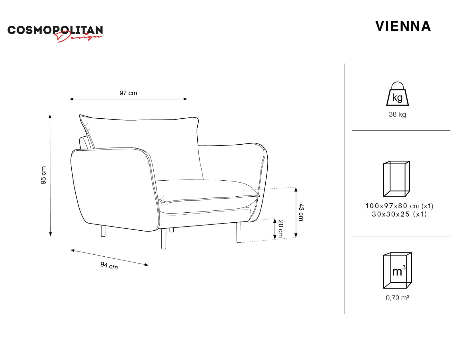 Cosmopolitan Design - Poltrona "Vienna" in velluto blu scuro 