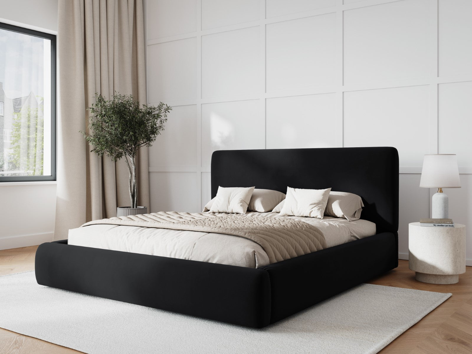 Cosmopolitan Design - Letto a cassettone con testiera "Colonel" 200x200cm in velluto nero 