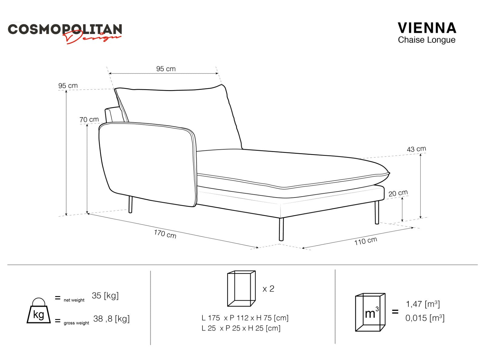 Cosmopolitan Design - Chaise longue sinistra "Vienna" in velluto beige chiaro 