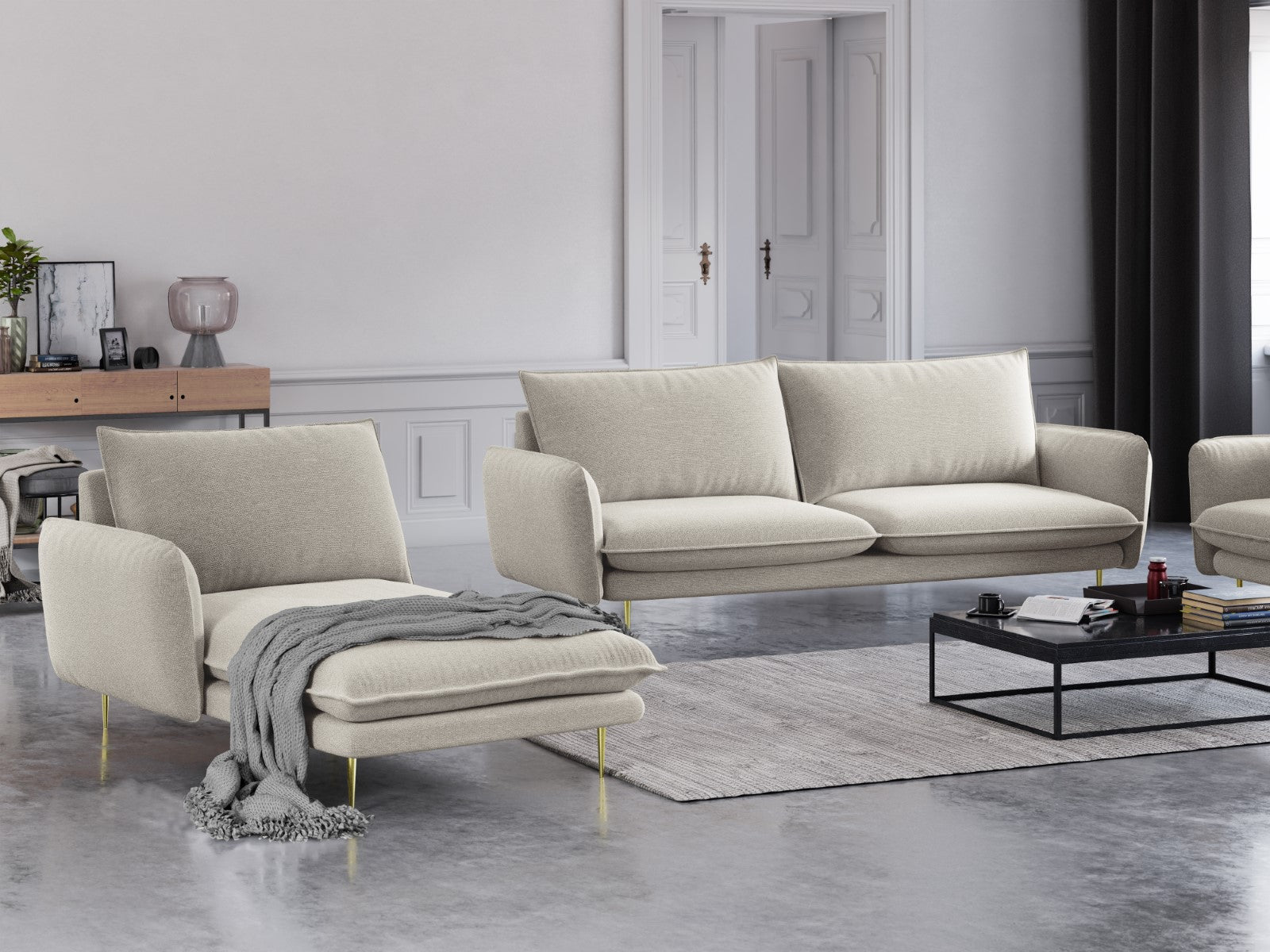 Cosmopolitan Design - Chaise longue sinistra "Vienna" in tessuto strutturato beige chiaro 