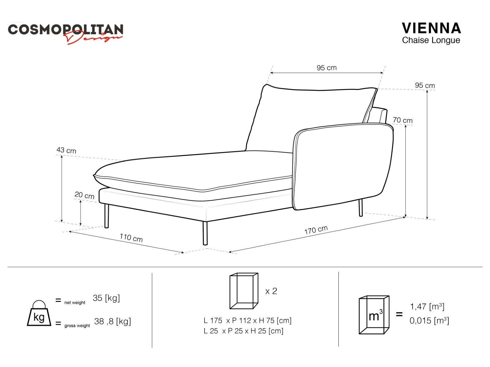 Cosmopolitan Design - Chaise longue destra "Vienna" in velluto grigio scuro 