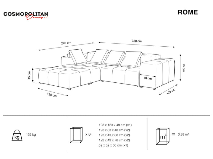 Cosmopolitan Design - Divano angolare modulare reversibile "Rome" 5 posti in velluto grigio 