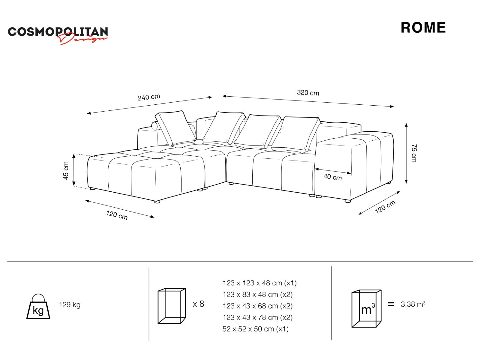 Cosmopolitan Design - Divano angolare modulare reversibile "Rome" 5 posti in velluto grigio scuro 