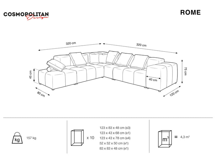 Cosmopolitan Design - Divano angolare modulare reversibile "Rome" 7 posti in velluto grigio 