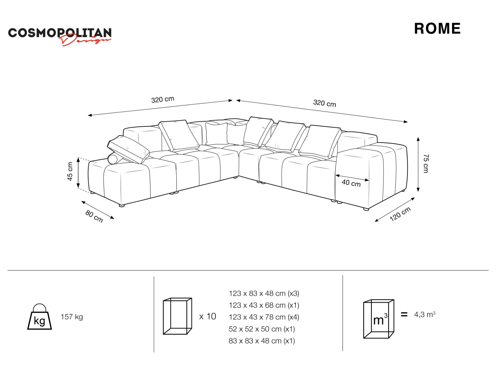 Cosmopolitan Design - Divano angolare modulare reversibile "Rome" 7 posti in tessuto strutturato grigio chiaro 