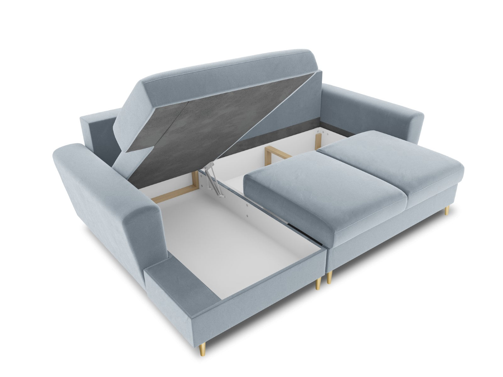 Cosmopolitan Design - Divano convertibile angolare sinistro con contenitore "Kyoto" 4 posti in velluto azzurro 