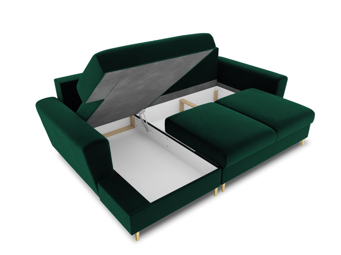 Cosmopolitan Design - Divano convertibile angolare sinistro con contenitore "Kyoto" 4 posti in velluto verde bottiglia 