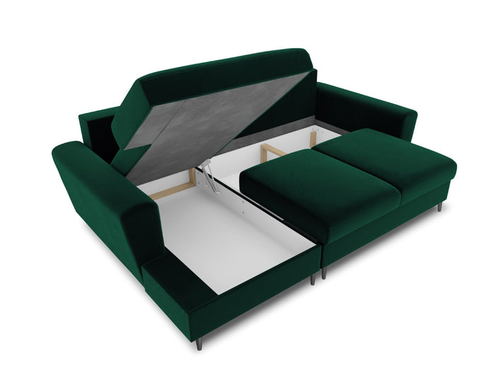 Cosmopolitan Design - Divano convertibile angolare sinistro con contenitore "Kyoto" 4 posti in velluto verde bottiglia 