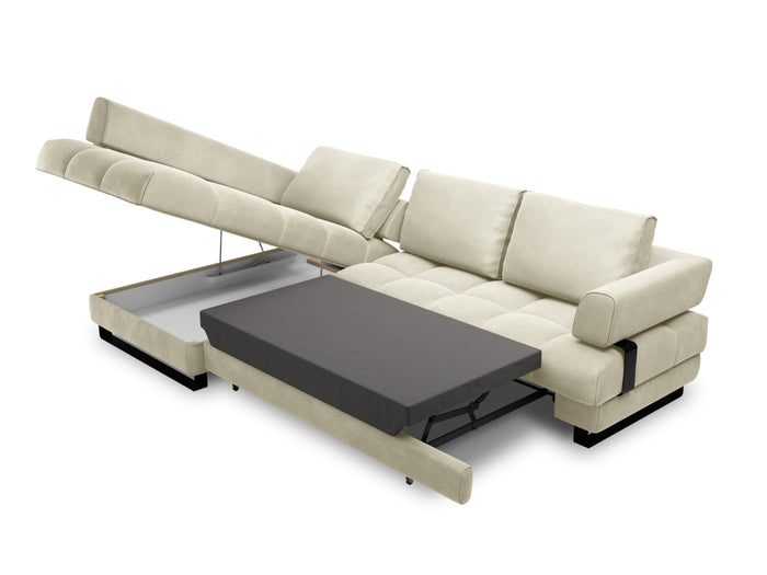 Cosmopolitan Design - Divano convertibile angolare sinistro con contenitore "Clinton" 5 posti in velluto beige chiaro 