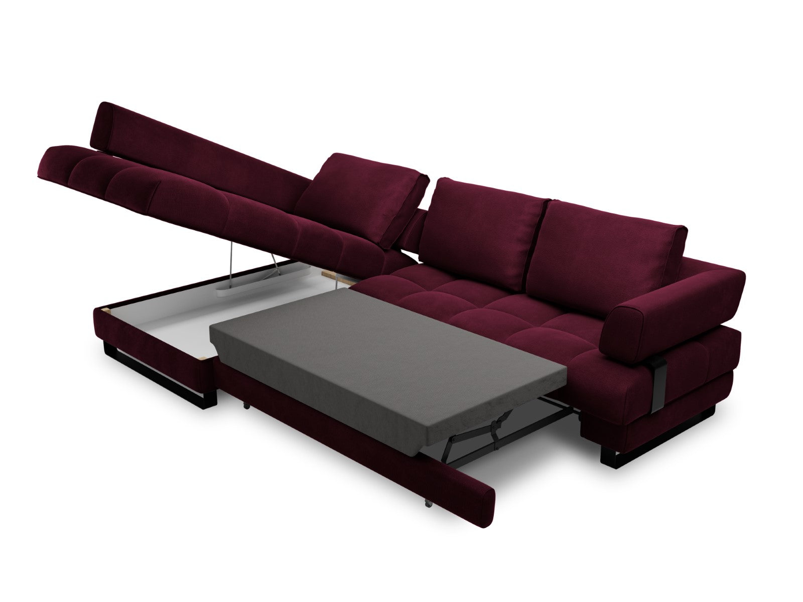Cosmopolitan Design - Divano convertibile angolare sinistro con contenitore "Clinton" 5 posti in velluto rosso scuro 