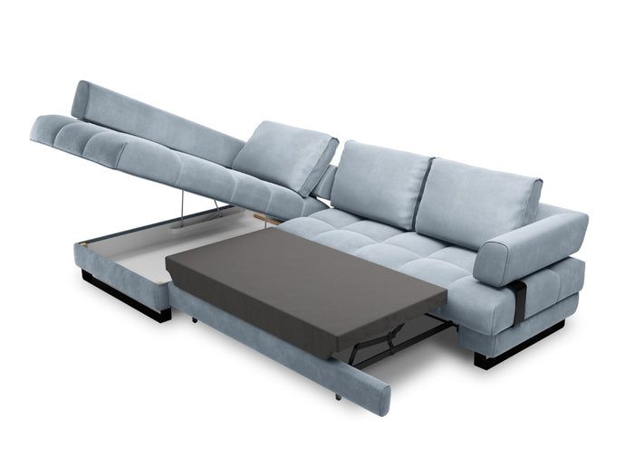 Cosmopolitan Design - Divano convertibile angolare sinistro con contenitore "Clinton" 5 posti in velluto azzurro 