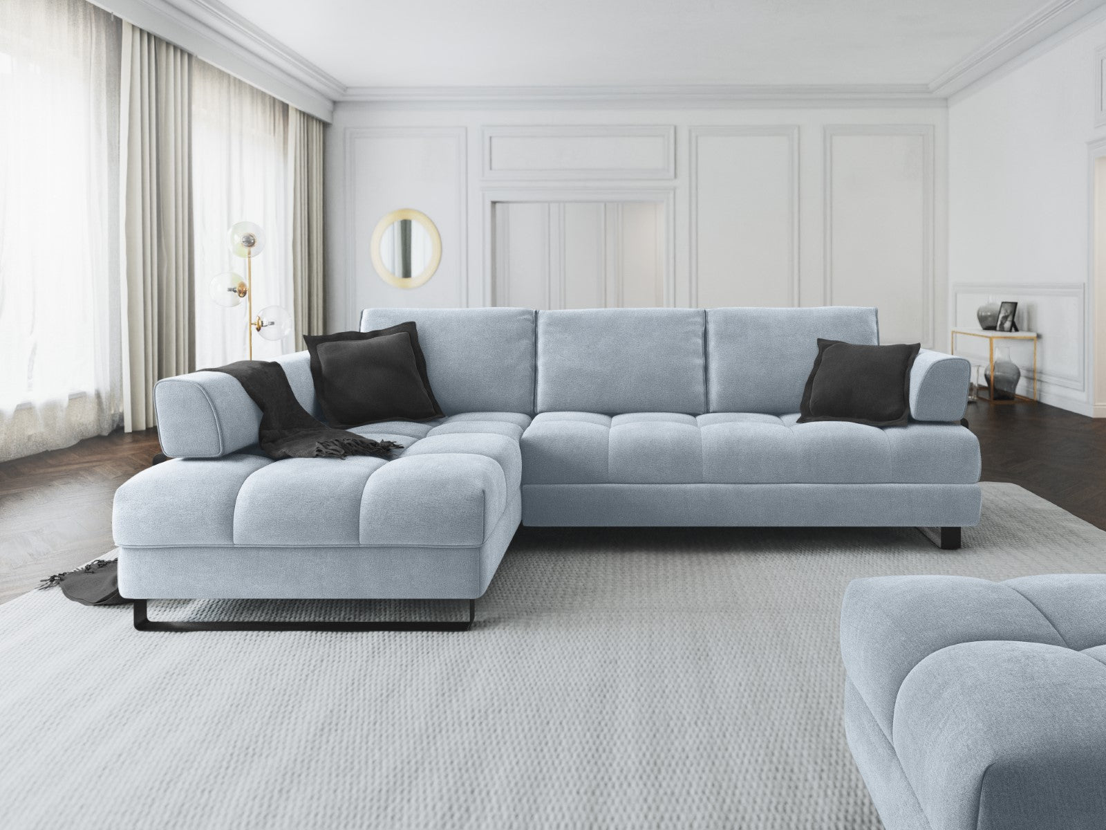 Cosmopolitan Design - Divano convertibile angolare sinistro con contenitore "Clinton" 5 posti in velluto azzurro 