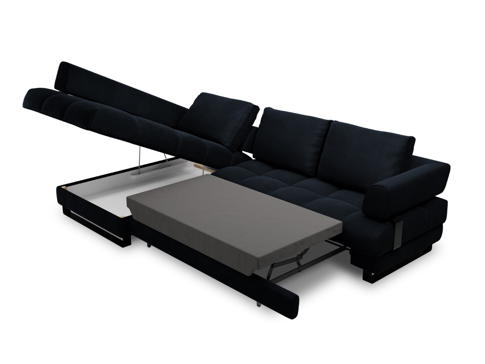 Cosmopolitan Design - Divano convertibile angolare sinistro con contenitore "Clinton" 5 posti in velluto blu scuro 