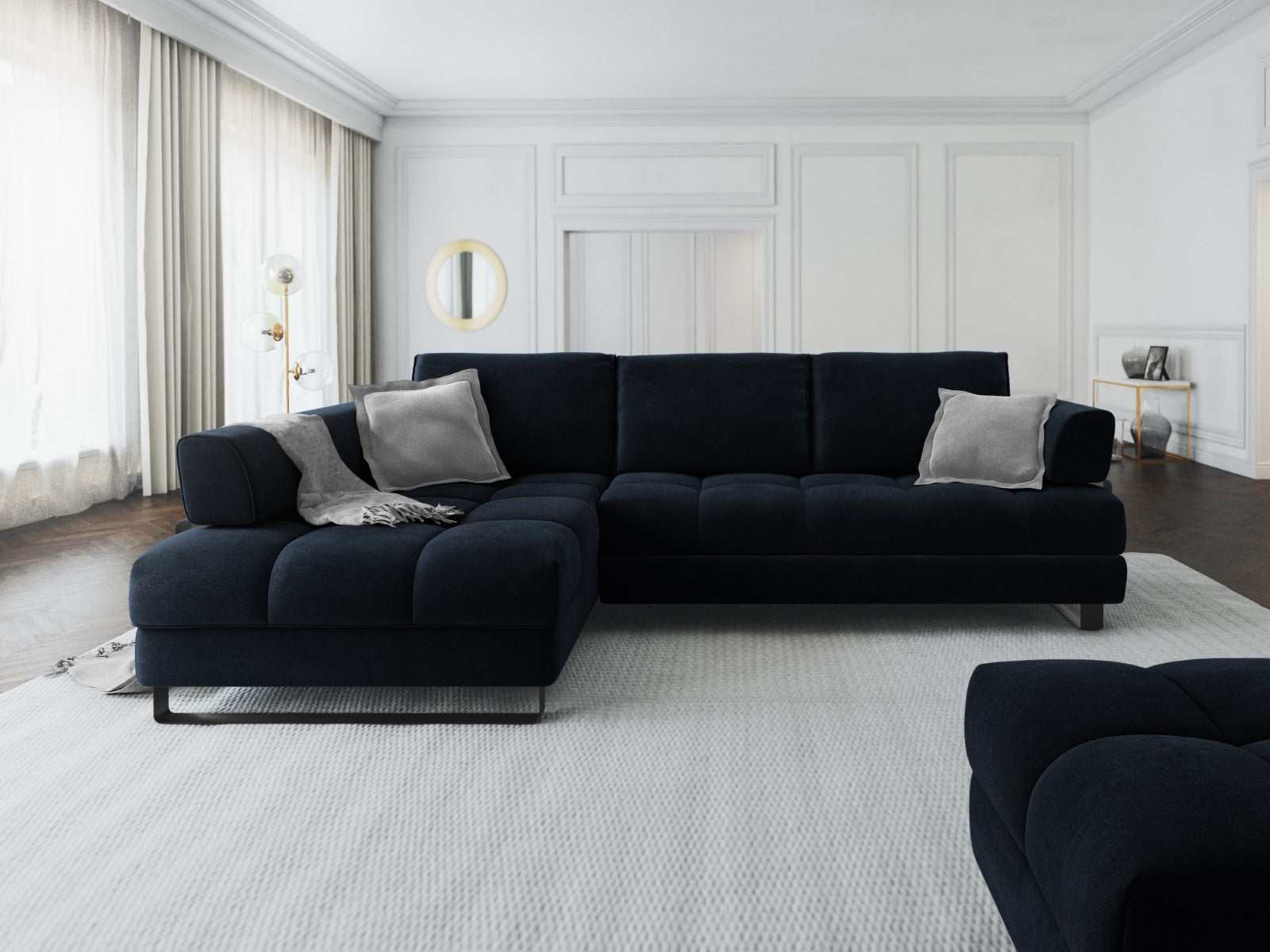Cosmopolitan Design - Divano convertibile angolare sinistro con contenitore "Clinton" 5 posti in velluto blu scuro 
