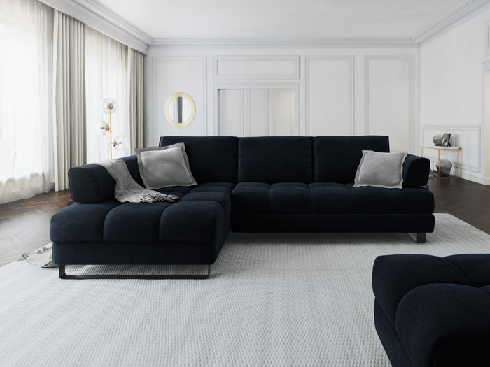 Cosmopolitan Design - Divano convertibile angolare sinistro con contenitore "Clinton" 5 posti in velluto blu scuro 